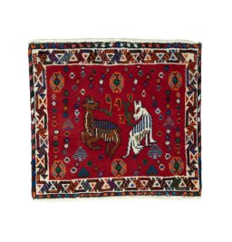 Full view of 2000s Shiraz rug from Iran / Persia, 51 × 58 cm in Red tones