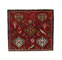 Full view of 2000s Shiraz rug from Iran / Persia, 55 × 62 cm in Red tones