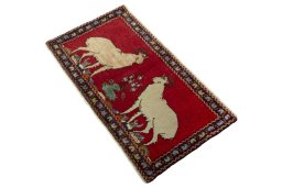Corner detail of 2000s Shiraz rug showing border pattern and Wool pile