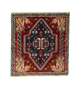 Full view of 2000s Shiraz rug from Iran / Persia, 59 × 55 cm in Red tones