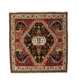 Full view of 2000s Shiraz rug from Iran / Persia, 64 × 61 cm in Red tones
