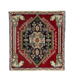 Full view of 2000s Shiraz rug from Iran / Persia, 65 × 62 cm in Red tones