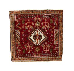 Full view of 2000s Shiraz rug from Iran / Persia, 56 × 61 cm in Red tones