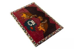 Corner detail of 2000s Shiraz rug showing border pattern and Wool pile