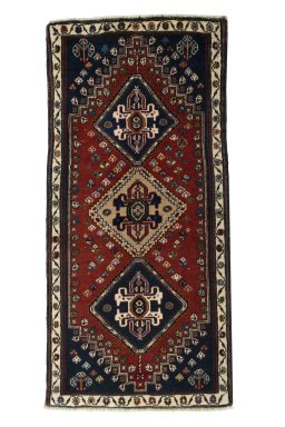 Full view of New Shiraz rug from Iran / Persia, 137 × 66 cm in Red tones