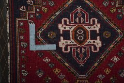 Full view of New Shiraz rug from Iran / Persia, 137 × 66 cm in Red tones