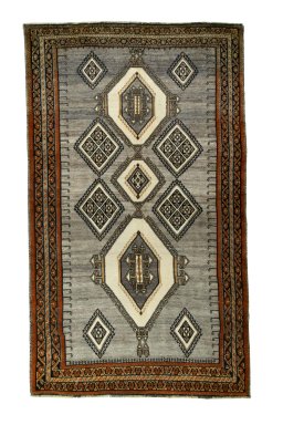 Full view of 2000s Shiraz rug from Iran / Persia, 248 × 150 cm in Beige tones