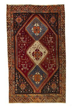 Full view of 2000s Shiraz rug from Iran / Persia, 244 × 147 cm in Red tones