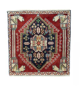 Full view of 2000s Shiraz rug from Iran / Persia, 65 × 62 cm in Red tones