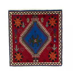 Full view of 2000s Shiraz rug from Iran / Persia, 63 × 60 cm in Red tones