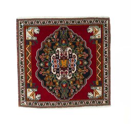 Full view of 2000s Shiraz rug from Iran / Persia, 63 × 65 cm in Red tones