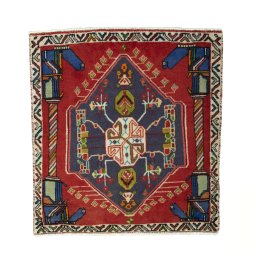 Full view of 2000s Shiraz rug from Iran / Persia, 71 × 66 cm in Red tones