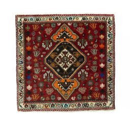 Full view of 2000s Shiraz rug from Iran / Persia, 65 × 65 cm in Red tones