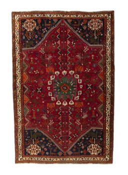 Full view of 2000s Shiraz rug from Iran / Persia, 241 × 162 cm in Red tones