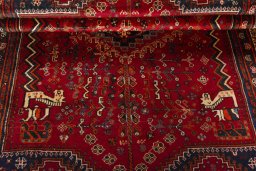 Corner detail of 2000s Shiraz rug showing border pattern and Wool pile