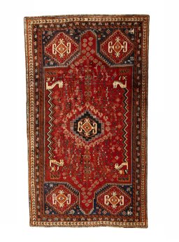 Full view of 2000s Shiraz rug from Iran / Persia, 260 × 150 cm in Red tones
