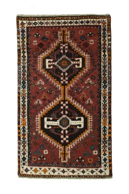 Full view of 2000s Shiraz rug from Iran / Persia, 124 × 72 cm in Red tones