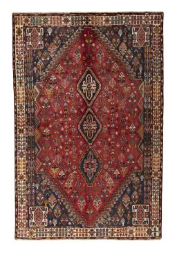 Full view of 2000s Shiraz rug from Iran / Persia, 263 × 170 cm in Red tones