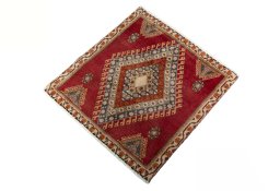 Corner detail of 2000s Shiraz rug showing border pattern and Wool pile