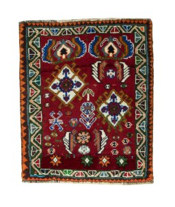 Full view of 2000s Shiraz rug from Iran / Persia, 66 × 55 cm in Red tones