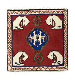 Full view of 2000s Shiraz rug from Iran / Persia, 60 × 58 cm in Red tones