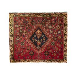 Full view of 2000s Shiraz rug from Iran / Persia, 57 × 60 cm in Red tones