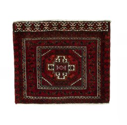 Full view of 2000s Shiraz rug from Iran / Persia, 53 × 60 cm in Red tones