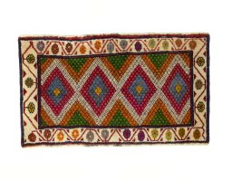 Full view of 2000s Shiraz rug from Iran / Persia, 41 × 71 cm in Red tones