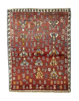 Full view of 2000s Shiraz rug from Iran / Persia, 153 × 118 cm in Red tones