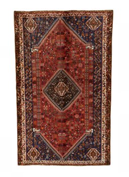 Full view of 2000s Shiraz rug from Iran / Persia, 283 × 174 cm in Red tones