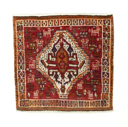 Full view of 2000s Shiraz rug from Iran / Persia, 60 × 63 cm in Red tones