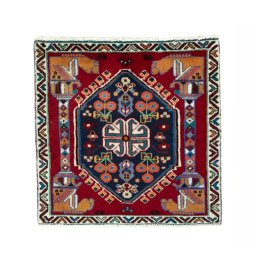 Full view of 2000s Shiraz rug from Iran / Persia, 63 × 63 cm in Red tones