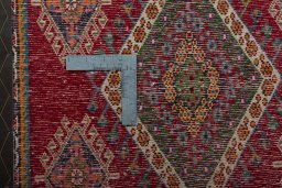Backside of handmade 2000s Shiraz rug showing knot structure and weave density