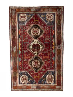 Full view of 2000s Shiraz rug from Iran / Persia, 268 × 174 cm in Red tones