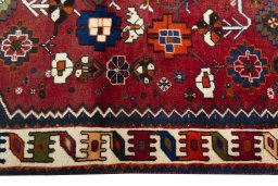 Full view of 2000s Shiraz rug from Iran / Persia, 153 × 120 cm in Red tones