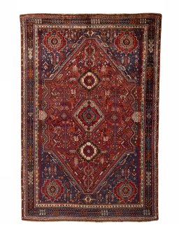 Full view of 1970s Shiraz rug from Iran / Persia, 274 × 183 cm in Red tones