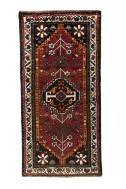 Full view of 2000s Shiraz rug from Iran / Persia, 146 × 70 cm in Red tones