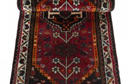 Full view of 2000s Shiraz rug from Iran / Persia, 146 × 70 cm in Red tones