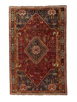 Full view of 2000s Shiraz rug from Iran / Persia, 248 × 155 cm in Red tones