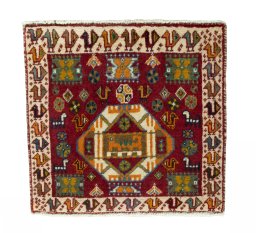 Full view of 2000s Shiraz rug from Iran / Persia, 50 × 52 cm in Red tones