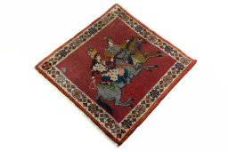 Corner detail of 2000s Shiraz rug showing border pattern and Wool pile