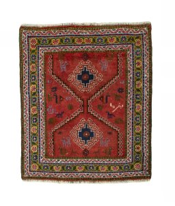 Full view of 2000s Shiraz rug from Iran / Persia, 75 × 62 cm in Red tones