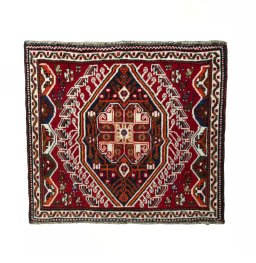 Full view of 2000s Shiraz rug from Iran / Persia, 57 × 64 cm in Red tones