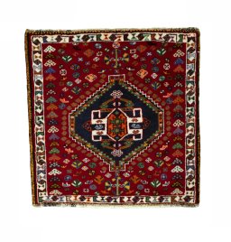 Full view of 2000s Shiraz rug from Iran / Persia, 65 × 65 cm in Red tones