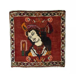Full view of 2000s Shiraz rug from Iran / Persia, 63 × 61 cm in Red tones
