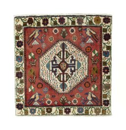 Full view of 2000s Shiraz rug from Iran / Persia, 65 × 63 cm in Red tones