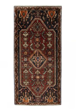 Full view of 2000s Shiraz rug from Iran / Persia, 148 × 73 cm in Red tones