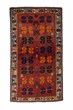 Full view of 2000s Shiraz rug from Iran / Persia, 222 × 124 cm in Red tones