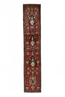 Full view of 2000s Shiraz rug from Iran / Persia, 328 × 64 cm in Red tones