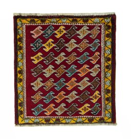 Full view of 2000s Shiraz rug from Iran / Persia, 60 × 57 cm in Red tones